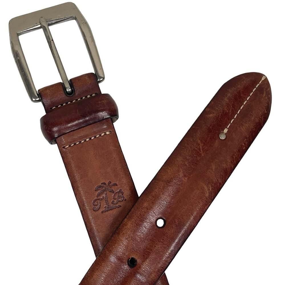 Tommy Bahama Belt Mens 36 Brown Leather Stitched Casual Tropical B7586 Coastal
